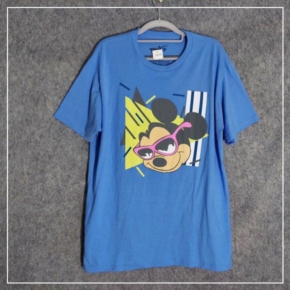Disney Men T Shirt L Mickey Mouse Retro Sunglasses Short Sleeve Crewneck Blue